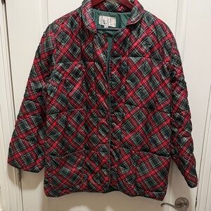 Vintage Bill Blass Red & Green Plaid Quilted Puffer Jacket